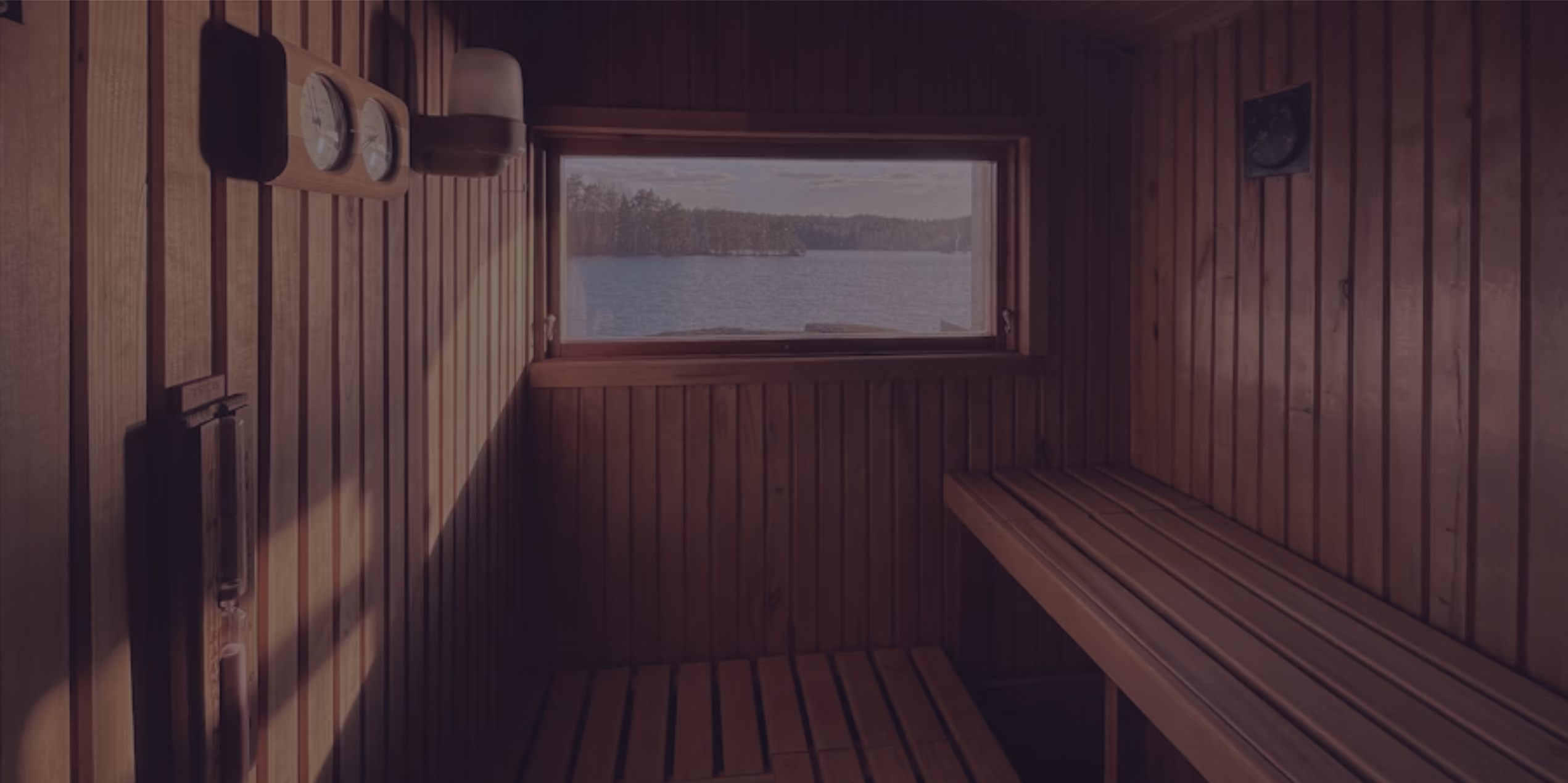 Warm toned sauna overlooking lake superior